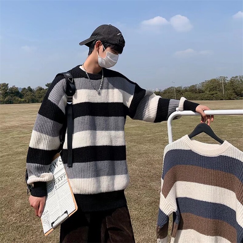 条纹拼色毛衣男秋冬ins潮流宽松打底上衣M668P35图片