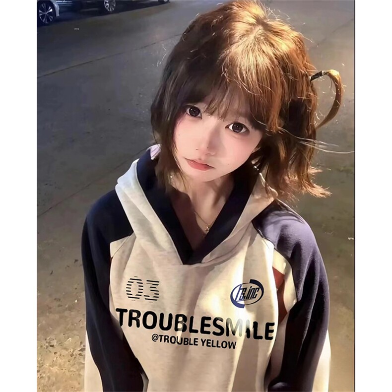 抖音得物秋装美式重磅全棉拼接撞色连帽卫印花衣外套A3202,女装短外套,电商A443