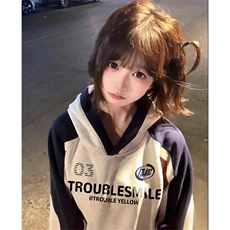抖音得物秋装美式重磅全棉拼接撞色连帽卫印花衣外套A3202，女装短外套，电商A443