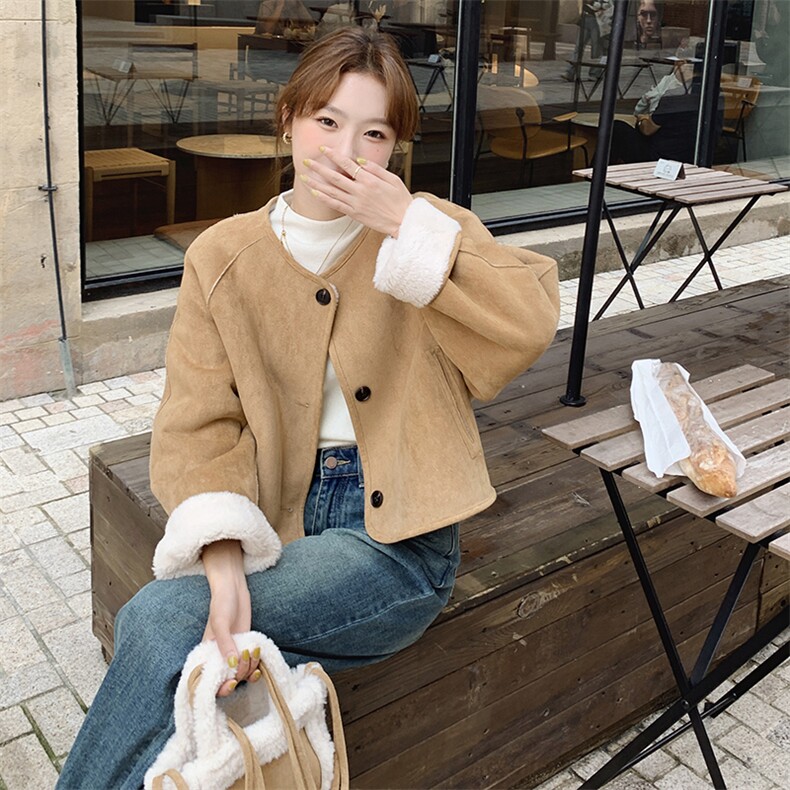 短外套女2024款冬季短款宽松小个子糕羔毛厚ZB193A-541-P170K180，女装羊羔毛/颗粒绒，浙宝193A