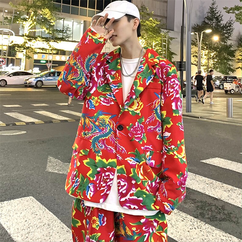 XF01男春港风文艺休闲大码西服套装西装东北大花民族风特色风,男装西服,星座115A(原星座507）