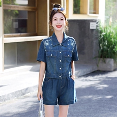 牛仔短裤套装女时尚洋气时髦2025新款夏季薄款刺绣小个子两件套，女装套装/套裙，意芙