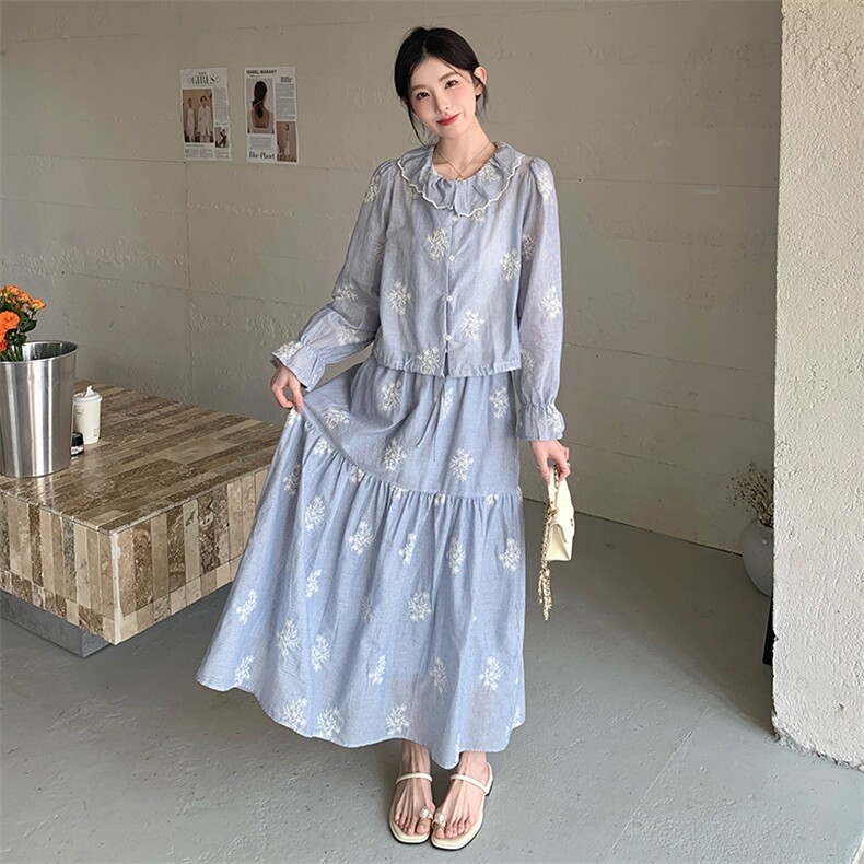 温柔风清新减龄套装裙女2025春新款荷叶边娃娃领上衣半身裙两件套图片
