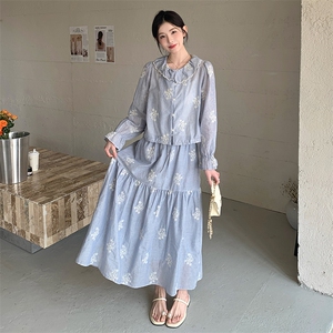 温柔风清新减龄套装裙女2025春新款荷叶边娃娃领上衣半身裙两件套图片