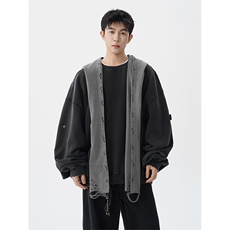 8XL-M高品质美式雕刻可拆卸破洞帽洗水深灰多穿法圆领卫衣WY28P88，男装卫衣，电商D206-1