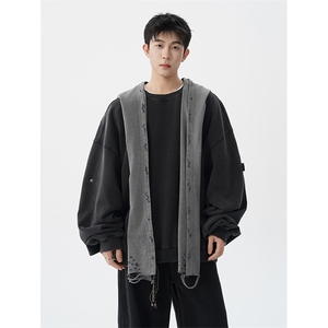 8XL-M高品质美式雕刻可拆卸破洞帽洗水深灰多穿法圆领卫衣WY28P88图片