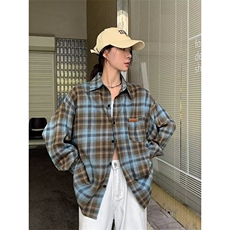 Q11/P36美式复古格子衬衫男女款外穿长袖上衣慵懒衬衣外套1，男装衬衫，星座1506