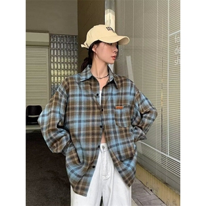 Q11/P36 美式复古格子衬衫男女款外穿长袖上衣慵懒衬衣外套1图片