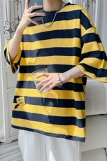 慵懒风日系条纹t恤短袖男款夏季美式复古蓝宽松大码潮牌潮流半袖，男装T恤，电商A007