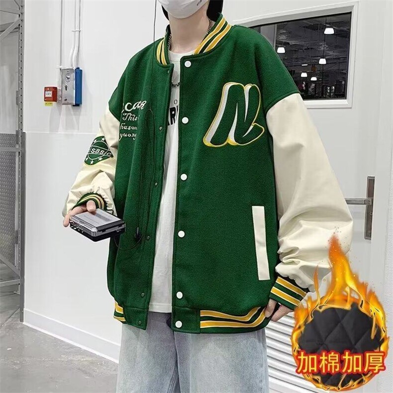 棒球服外套春秋冬季毛呢拼皮棉衣潮牌高街痞帅男款夹克CC009-P75图片