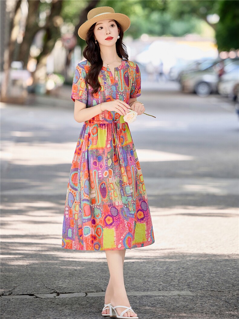 夏日多巴胺甜美印花棉麻连衣裙女2026新款收腰显瘦度假风气质长裙,女装连衣裙,倪叶myz
