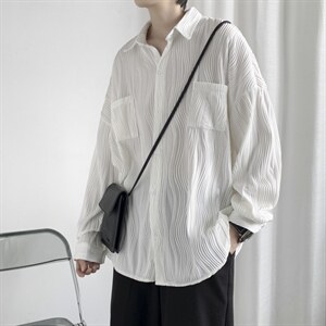 褶皱长袖衬衫男夏季设计感小众港风冰丝外套潮宽松衬衣 W3791-P40图片