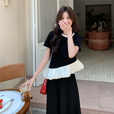 高级感超好看套装女2025夏季漂亮套装裙斜边撞色上衣半身裙两件套，女装套装/套裙，2C090