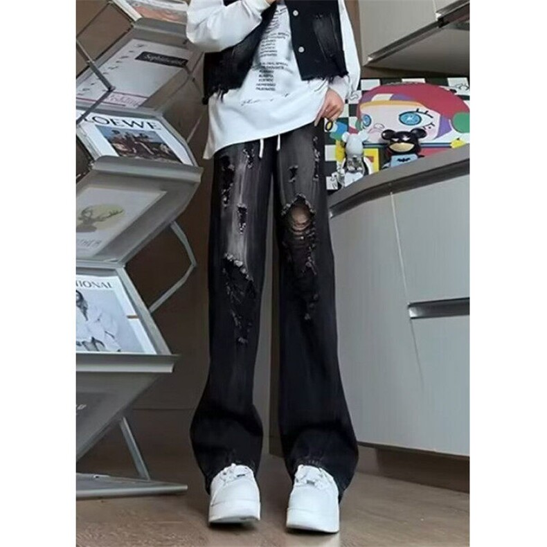 竹节纹破洞牛仔裤男夏季薄款工装乞丐裤子高街vibe阔腿裤N805,男装牛仔裤,星座1116A（原606A-3）
