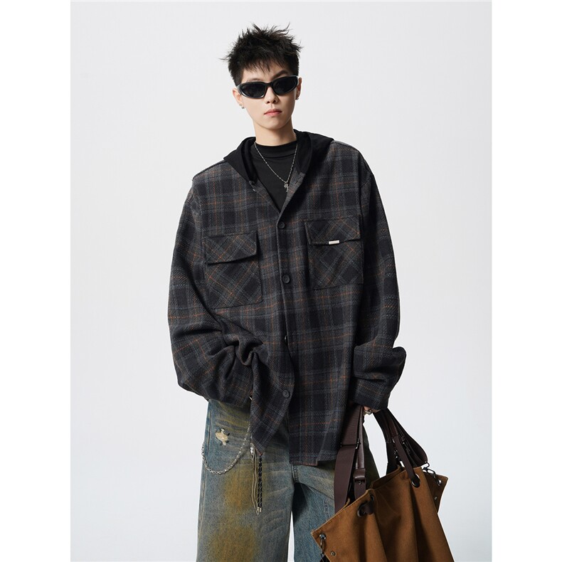 美式复古连帽格子衬衫大码磨毛长袖衬衣慵懒风宽松外套CS9007/P55，男装衬衫，电商B238