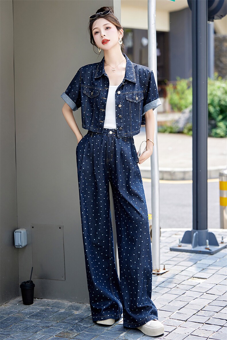 高级感港风薄款牛仔套装女夏2024新款短袖衬衫上衣阔腿长裤两件套,女装套装/套裙,依如秀(原杭风阁)