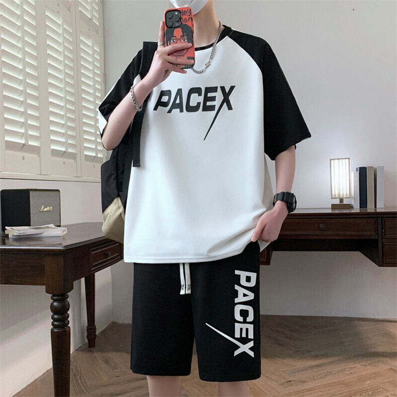 港风套装男休闲宽松冰丝青年圆领短袖T恤短裤两件套-JZ6209-P38图片