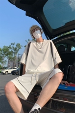 美式拼接短袖T恤套装上衣T3688特P27控58-裤子DK8650特P26控49，男装T恤，电商A007