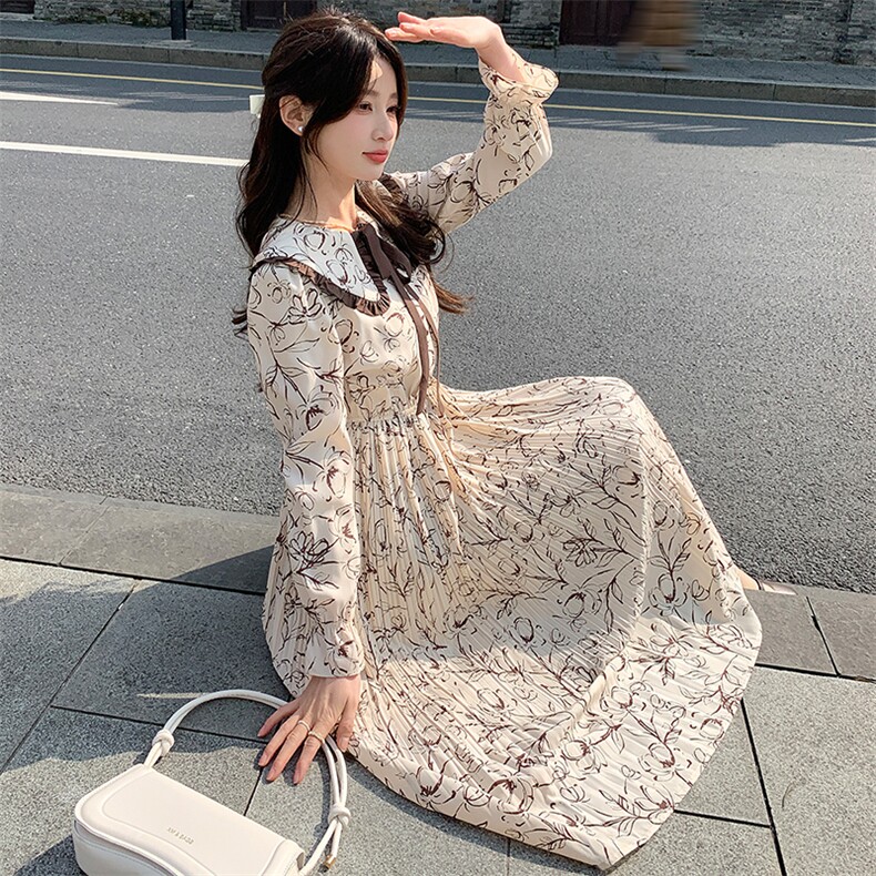2025春秋新款法式收腰茶歇连衣裙女温柔风减龄显瘦娃娃领印花裙子,女装连衣裙,浙宝191（原浙宝008）