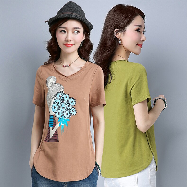 卡通动漫通勤V领T恤创意2021年夏季短袖修身潮流百搭时尚潮流，女装T恤，丽影随形