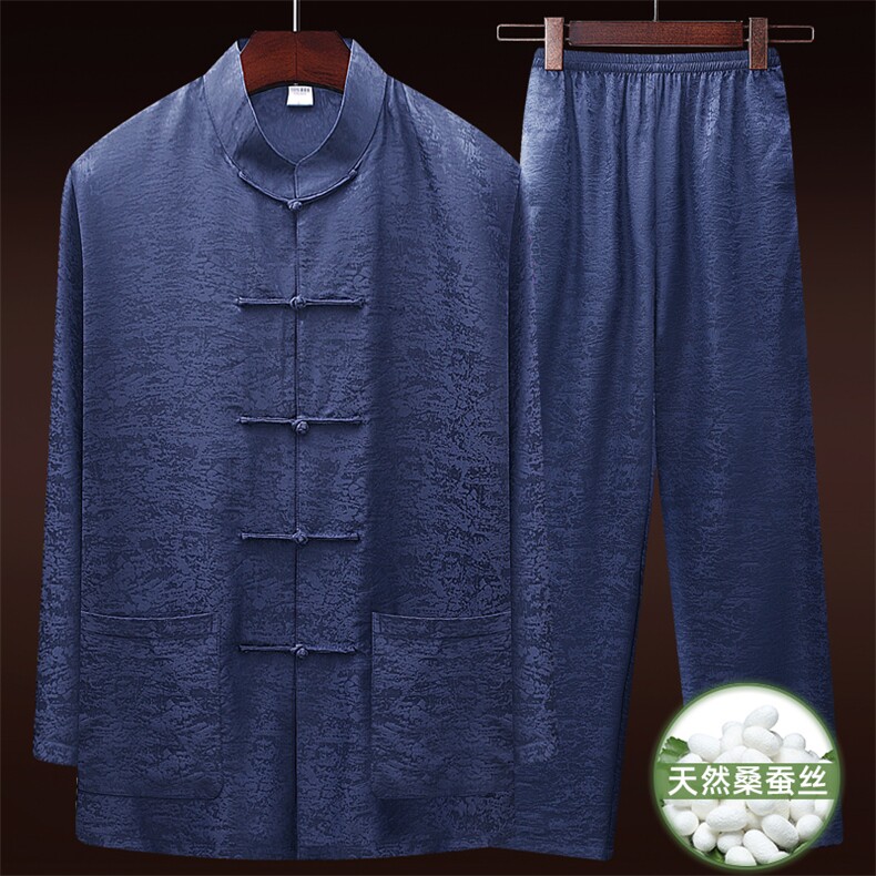 25新款夏款中老年风唐装真丝绸长袖套装太极服套装，男装休闲套装，钱塘723