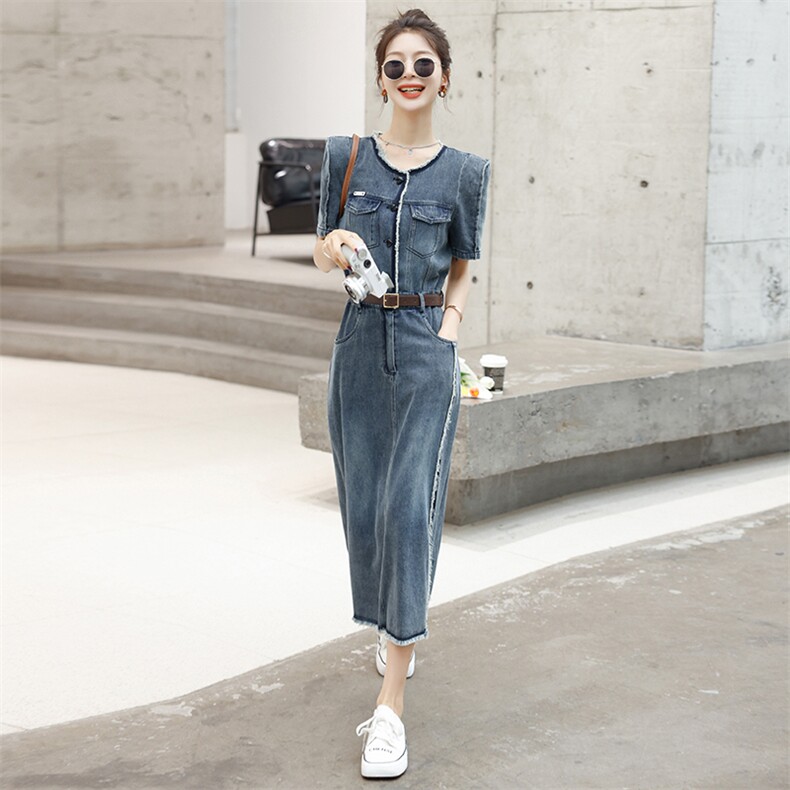 时尚显瘦牛仔连衣裙女夏季新款气质V领收腰长裙百搭休闲裙装,女装连衣裙,秋水欣儿
