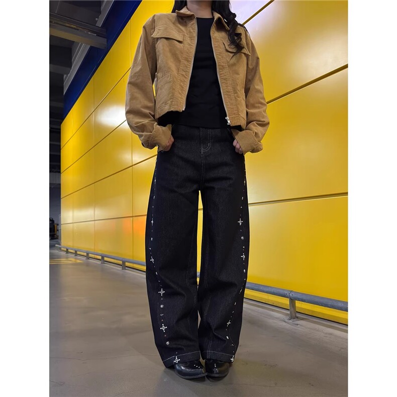 美式复古水洗钉珠直筒牛仔裤男女同款宽松直筒阔腿百搭长裤，男装牛仔裤，星座516A