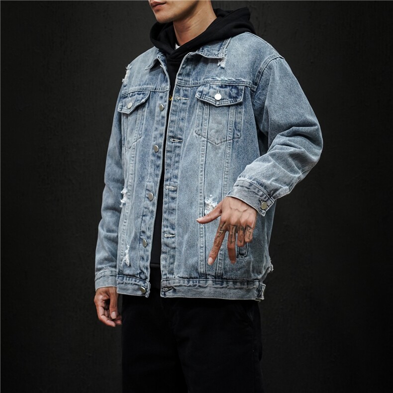 jk675-p75 M-5XL黑墙ins牛仔夹克拉链破洞大码男日系CITYBOY图片