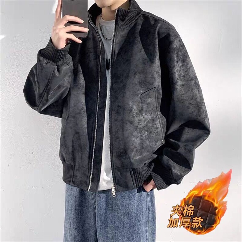 双拉链雾面扎染PU皮衣外套男款美式复古教练夹克高级感痞帅机车服图片