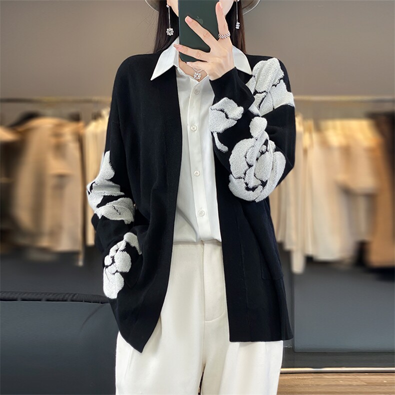 春秋新款100%纯羊毛开衫毛衣外套女针织羊绒衫宽松百搭慵懒风上衣,女装羊毛衫,总能电商供货