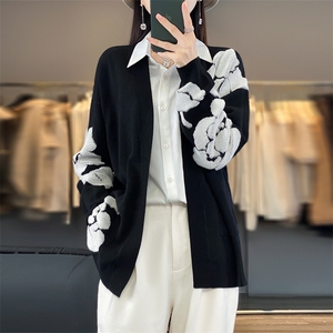 春秋新款100%纯羊毛开衫毛衣外套女针织羊绒衫宽松百搭慵懒风上衣图片