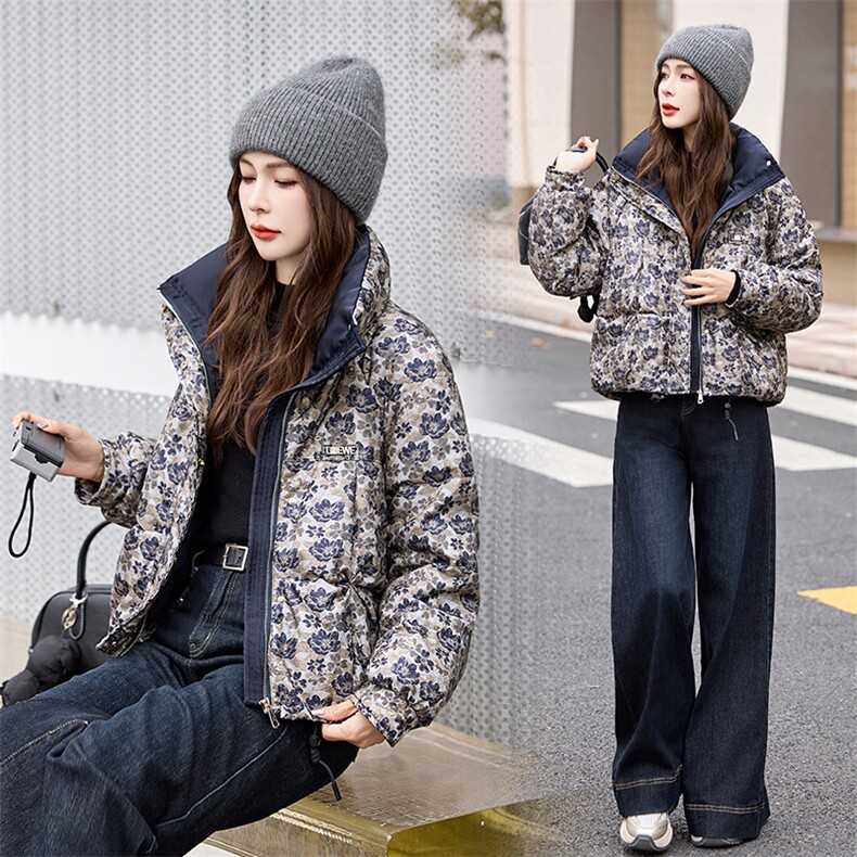 短款羽绒服女2024冬季新款小个子高端洋气设计感欧货碎花厚面包服,女装羽绒服,艾尚靓装