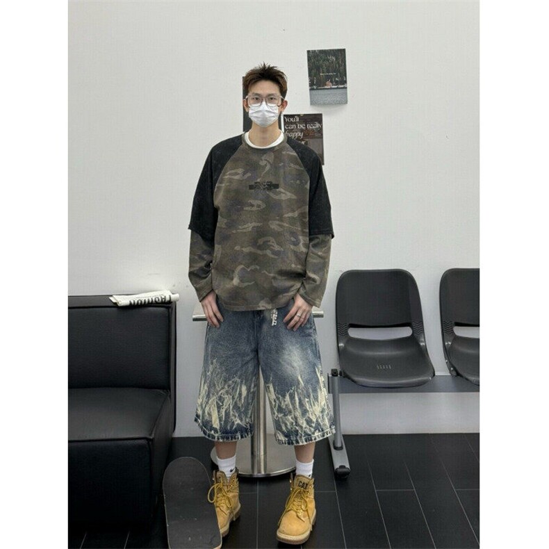 N151-P55 美式高街闪电纹扎染牛仔七分短裤夏季休闲中裤阔腿短裤图片