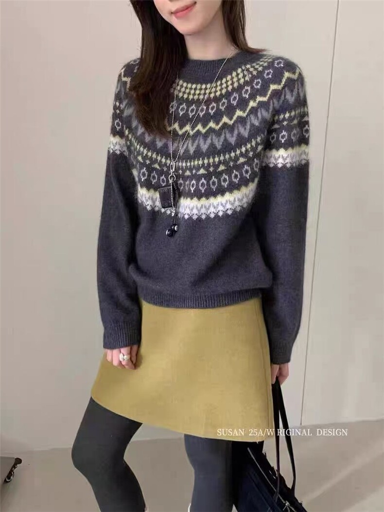 2025年秋季时尚百搭通勤简约休闲费尔岛提花圆领，女装针织衫/毛衣，晨旭羊绒