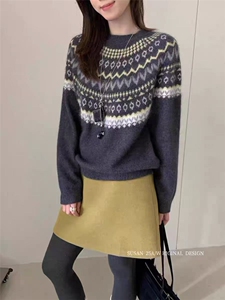 2025年秋季时尚百搭通勤简约休闲费尔岛提花圆领，女装针织衫/毛衣，晨旭羊绒