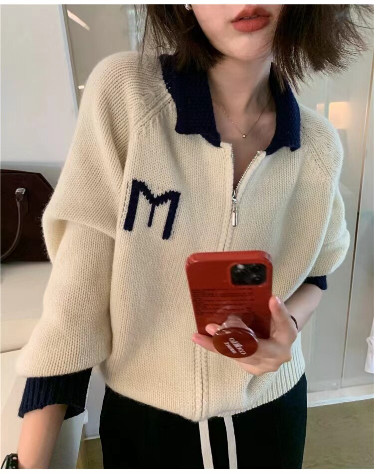 秋冬新款百搭简约时尚POLO领拉链针织开衫,女装羊毛衫,悦玛羊绒