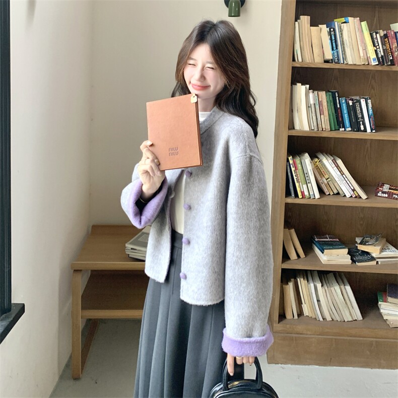 新中式国风短款双面呢撞色羊毛大衣外套女小个子立领秋冬季新款潮,女装羊绒大衣,2B146