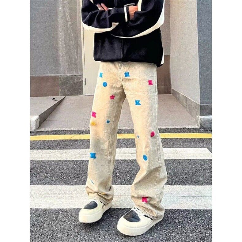 W9621-P53网图现货潮原创美式复古小花朵做旧黄泥色牛仔裤,男装牛仔裤,星座1608-2
