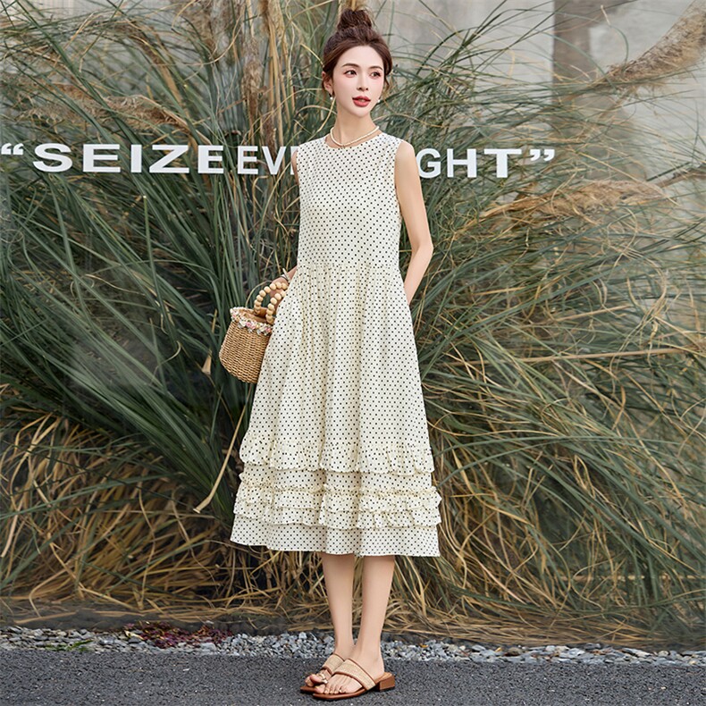 时尚气质波点背心连衣裙女2025夏季新款韩版洋气减龄无袖连衣裙女,女装连衣裙,魅丽静蓝