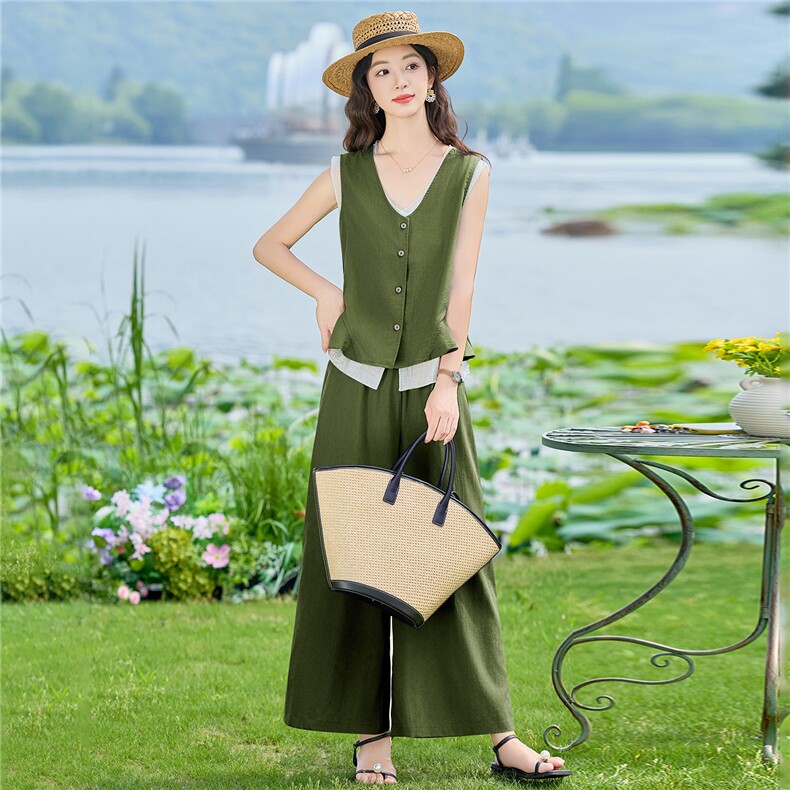 现货2026夏季时尚潮流天丝亚麻老钱风马甲三件套加阔腿裤套装,女装套装/套裙,兰菲阁