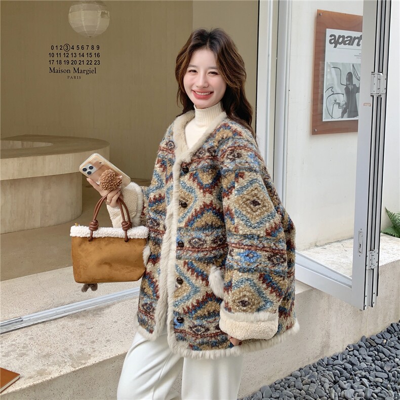 新品有货！复古费尔岛风加绒加厚羊羔毛外套2C213-927-P205-K308,女装短外套,2C213