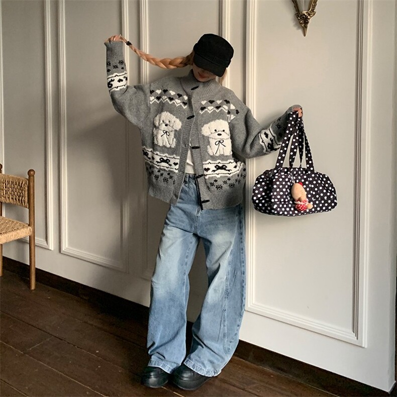 软糯小狗毛衣开衫女2025秋季新款宽松bf韩系街头外套潮，男装针织衫/毛衣，星座506A