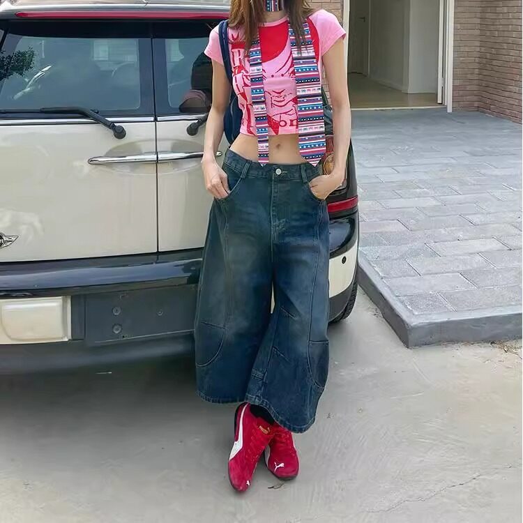 美式复古新款牛仔七分裤夏季拼接廓形宽松百搭阔腿弯刀裤N715,男装牛仔裤,星座1116A（原606A-3）