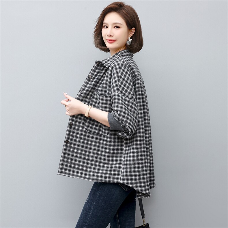 格子衬衫女长袖2022秋冬新款加厚磨毛衬衣时尚妈妈打的上衣,女装衬衫,忆绮罗