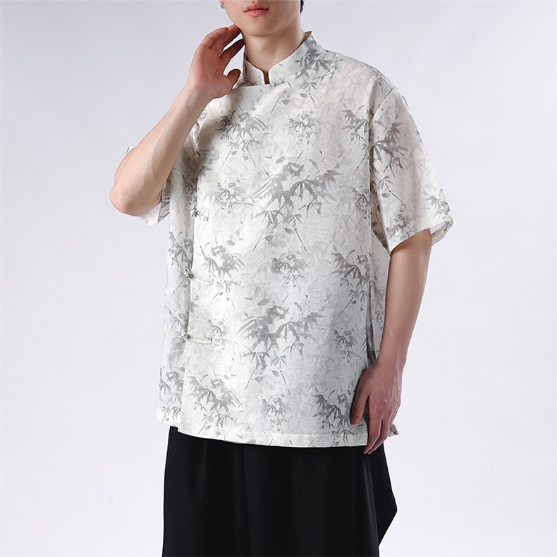 夏季新款日系风亚麻印花复古立领衬衫男CS35-P65,男装衬衫,电商A021