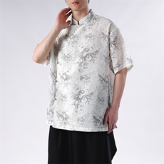 夏季新款日系风亚麻印花复古立领衬衫男CS35-P65，男装衬衫，电商A021