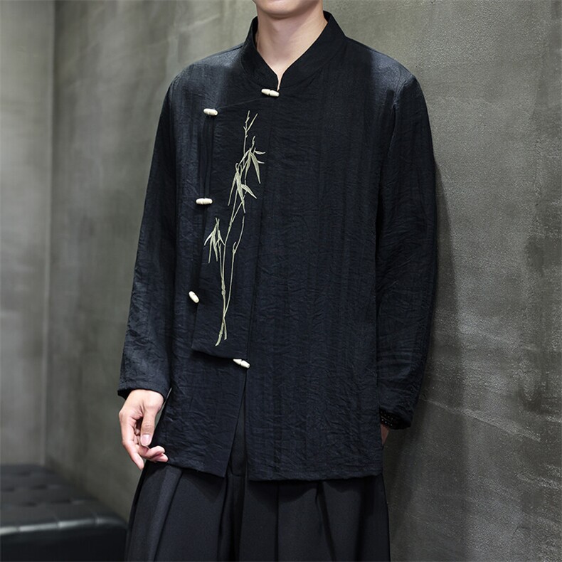 新品（折枝金竹）棉麻混纺绣花木头扣大码宽松长袖衬衫男女款,男装衬衫,星座305A（原312A-1）