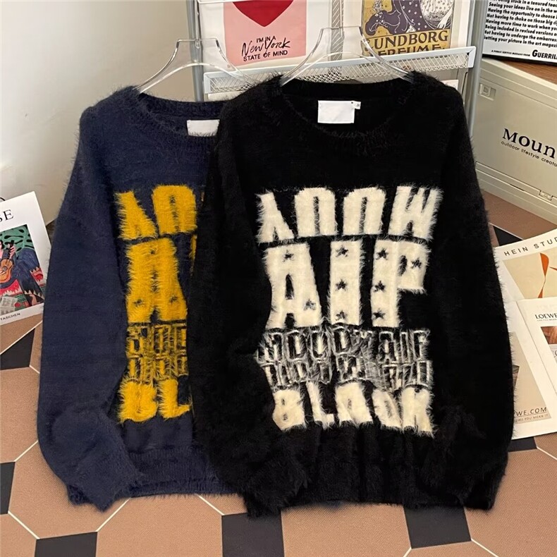 美式复古软糯慵懒风水貂毛字母毛衣针织衫男女潮流时尚M6029/P61,男装针织衫/毛衣,星座506B