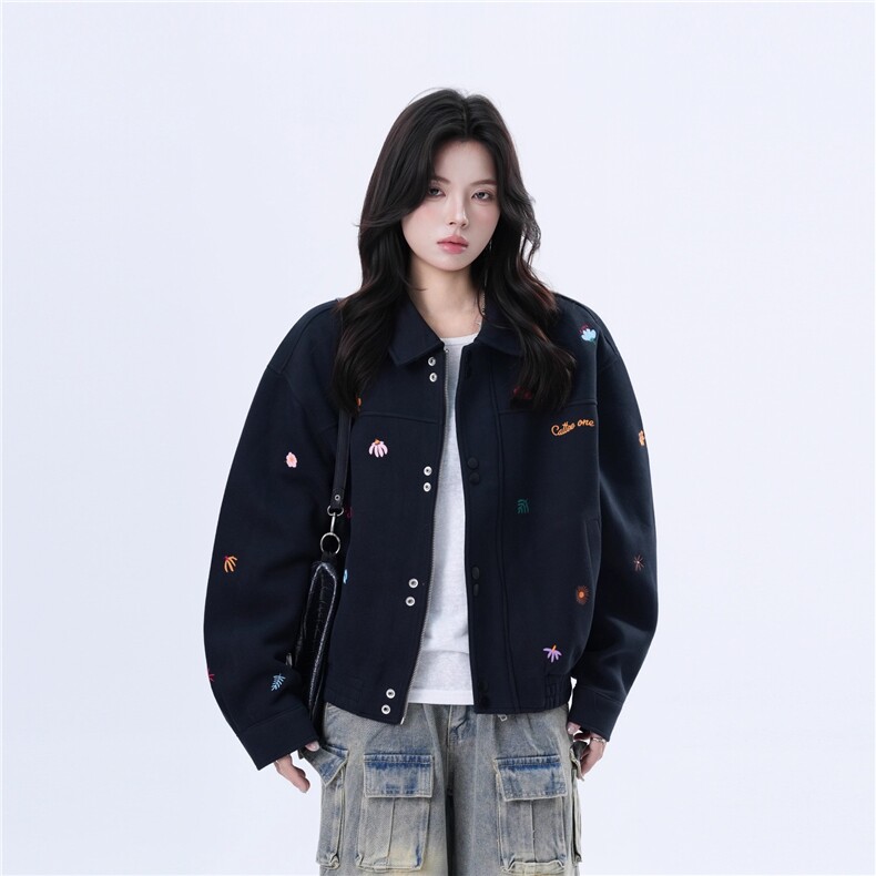美式复古小刺绣黑色夹克女cleanfit设计感宽松外套潮HHT225P67,男装夹克,星座1013-5