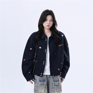 美式复古小刺绣黑色夹克女cleanfit设计感宽松外套潮HHT225 P67图片